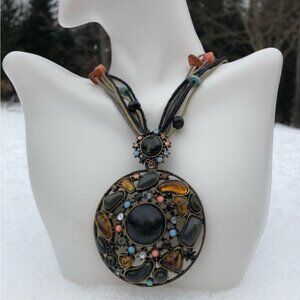Medallion multi strand stone statement necklace